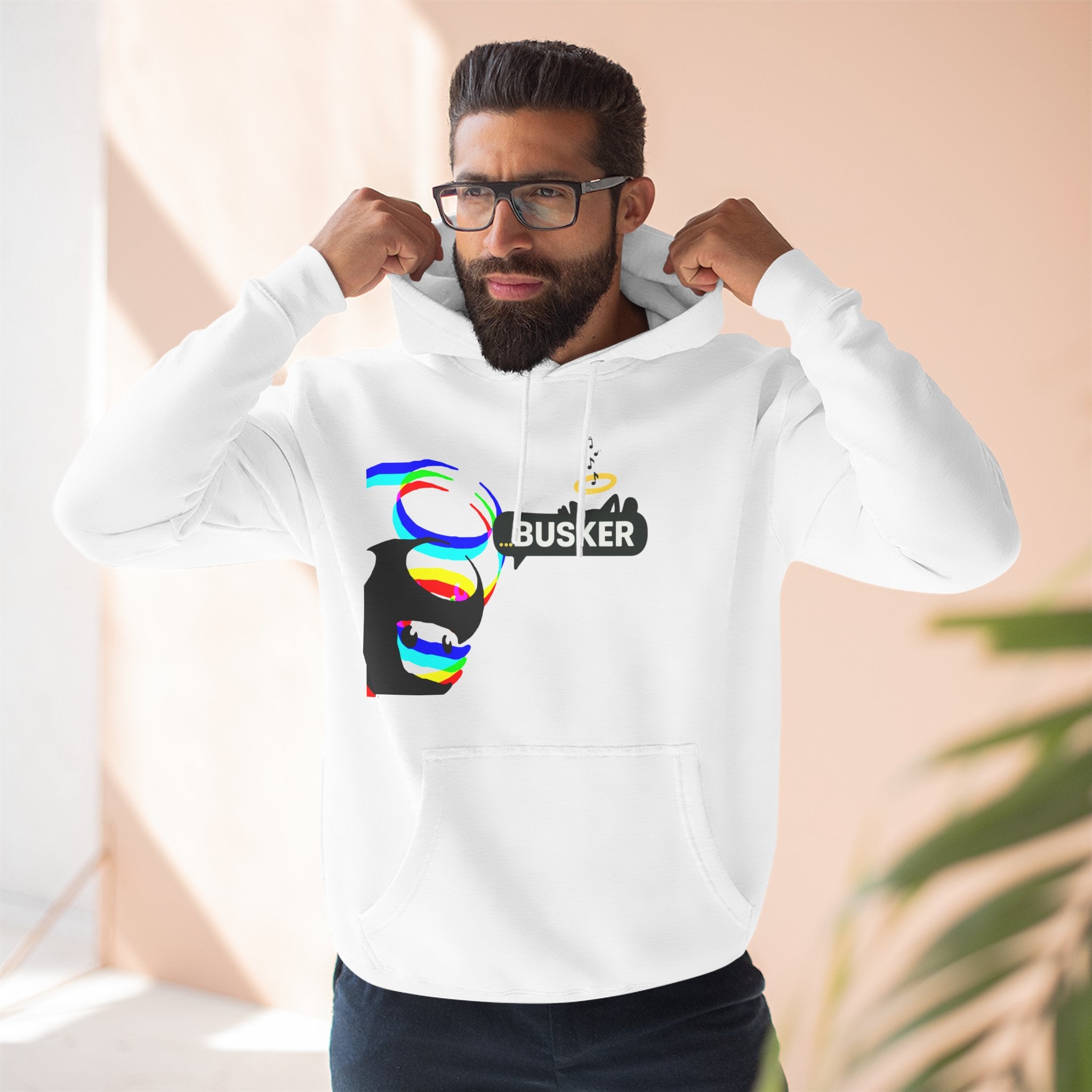 Colorful Busker Fleece Hoodie, Music Lover Hoodie, Street Performer Apparel, Cozy Fashion, Gift for Musicians, Art Enthusiast Clothing