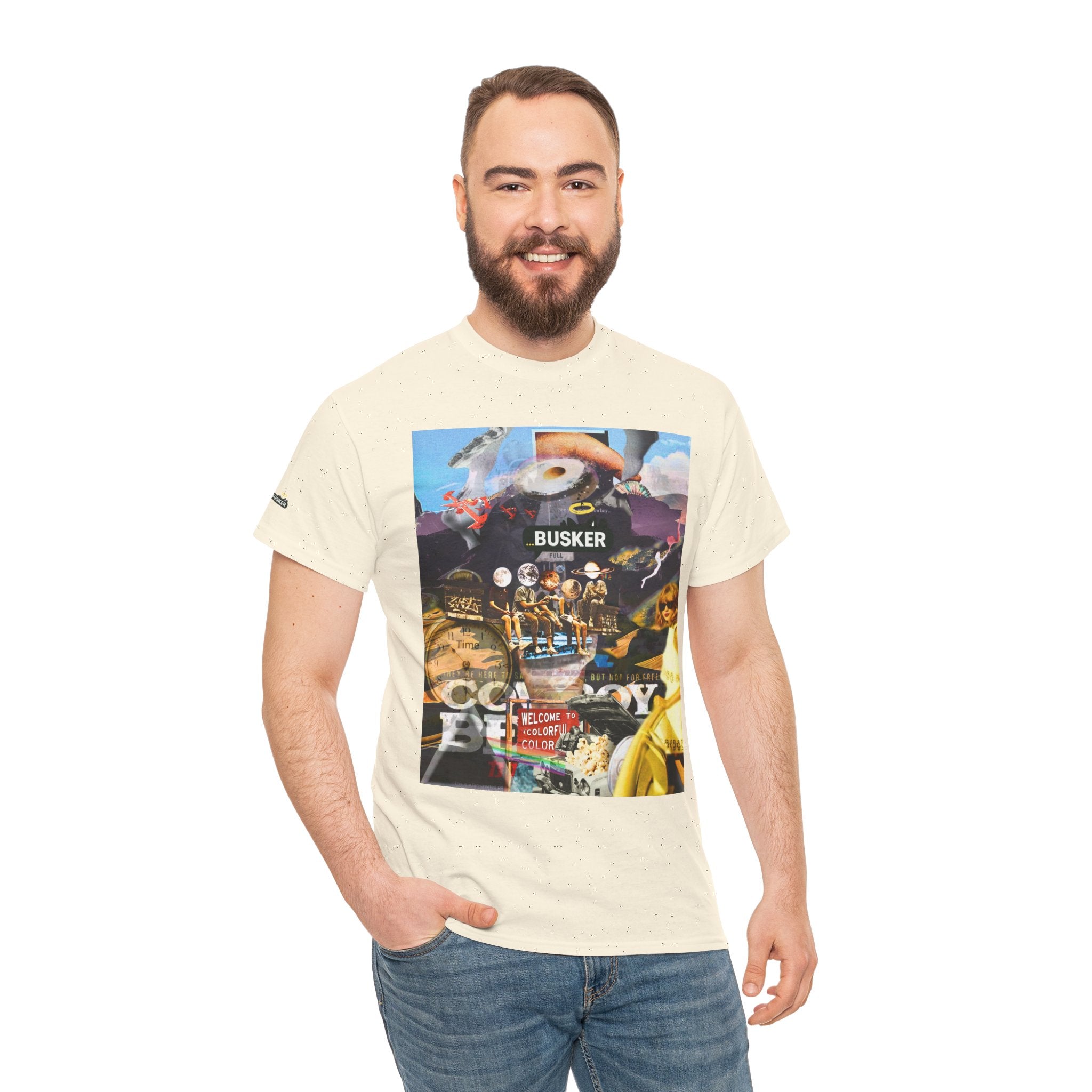 Busker Collage Graphic Tee — Vintage Music Poster Streetwear