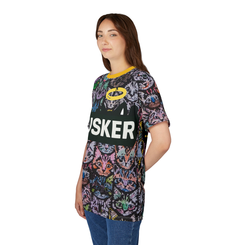 Colorful Cat-Themed Unisex Tee, Fun Graphic T-Shirt, Cat Lover Gift, Casual Wear, Unique AOP Design, Busker Inspired Apparel