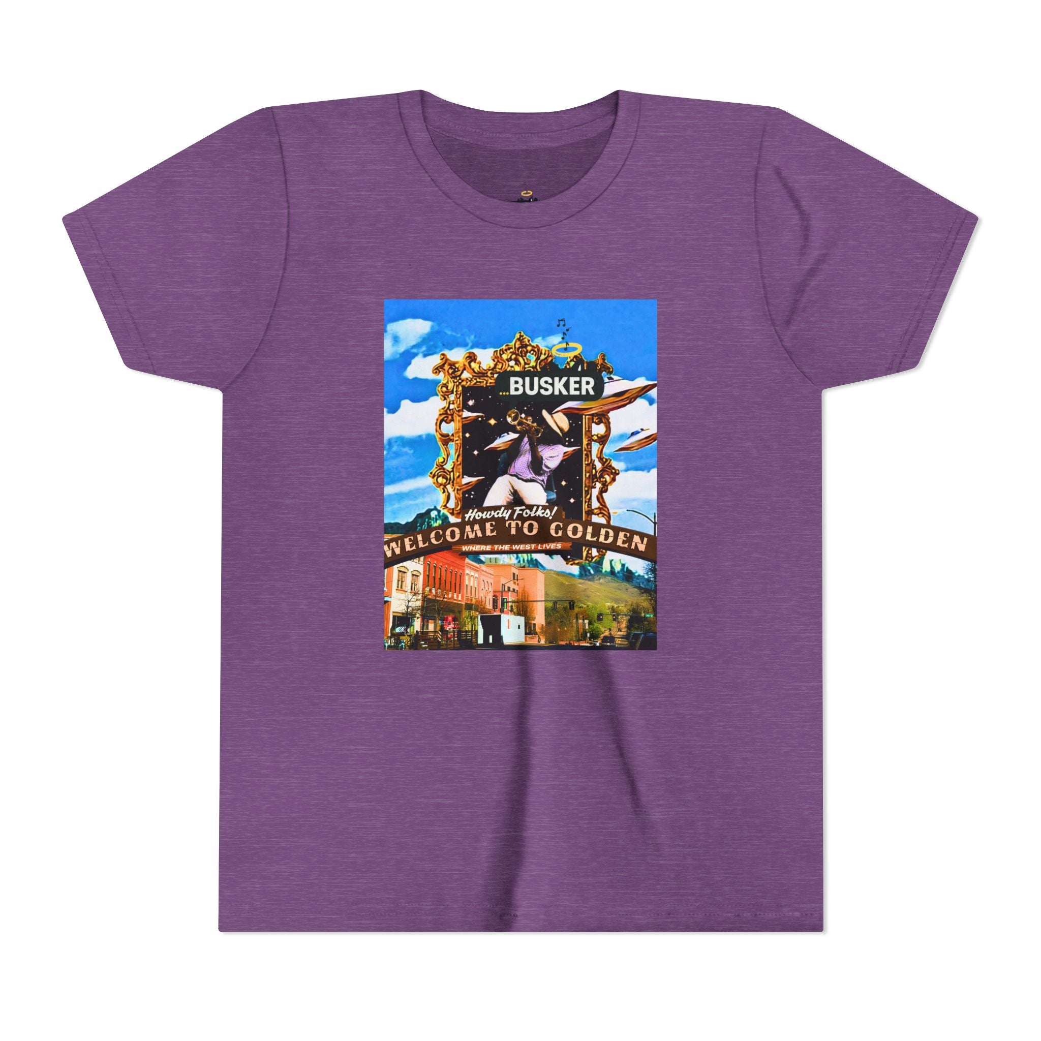 Golden Busker Youth Tee, Summer T-Shirt, Kids Casual Wear, Music Festival Swag, Gift for Young Artists