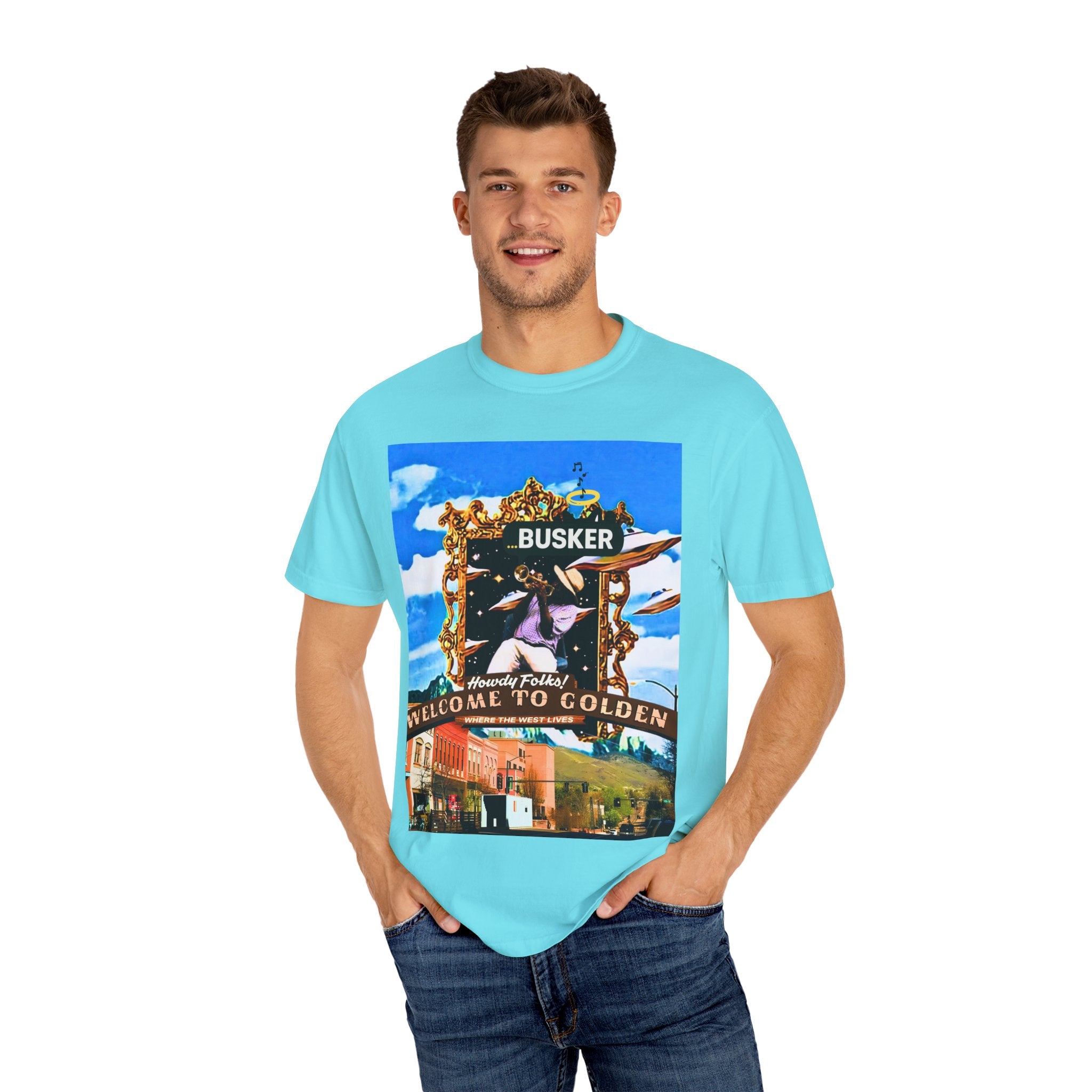 "Welcome to Golden" Exclusive Busker Unisex Garment-Dyed T-shirt, Music Lover Gift, Vintage Style Tee, Festival Wear, Casual Outfit