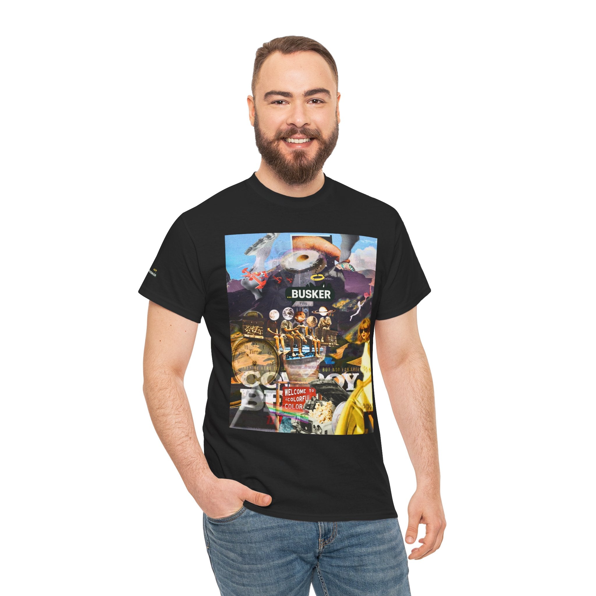 Busker Collage Graphic Tee — Vintage Music Poster Streetwear