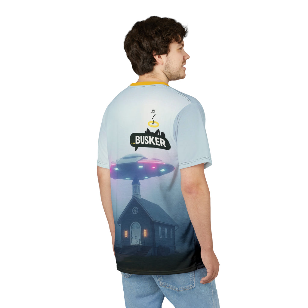 Cool Graphic Tee for Music Lovers | UFO Busker Design, Unique T-Shirt, Music Festival Wear, Quirky Gift, Unisex Casual Wear