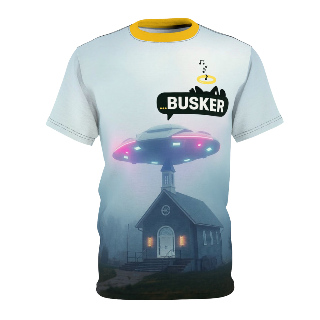 Cool Graphic Tee for Music Lovers | UFO Busker Design, Unique T-Shirt, Music Festival Wear, Quirky Gift, Unisex Casual Wear