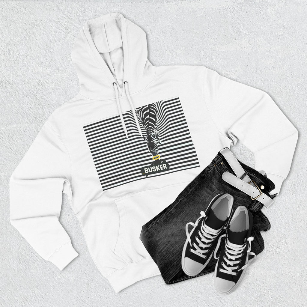 Busker Three-Panel Fleece Hoodie, Striped Design, Unisex Fashion Hoodie, Cozy Gift for Music Lovers, Street Performer Style