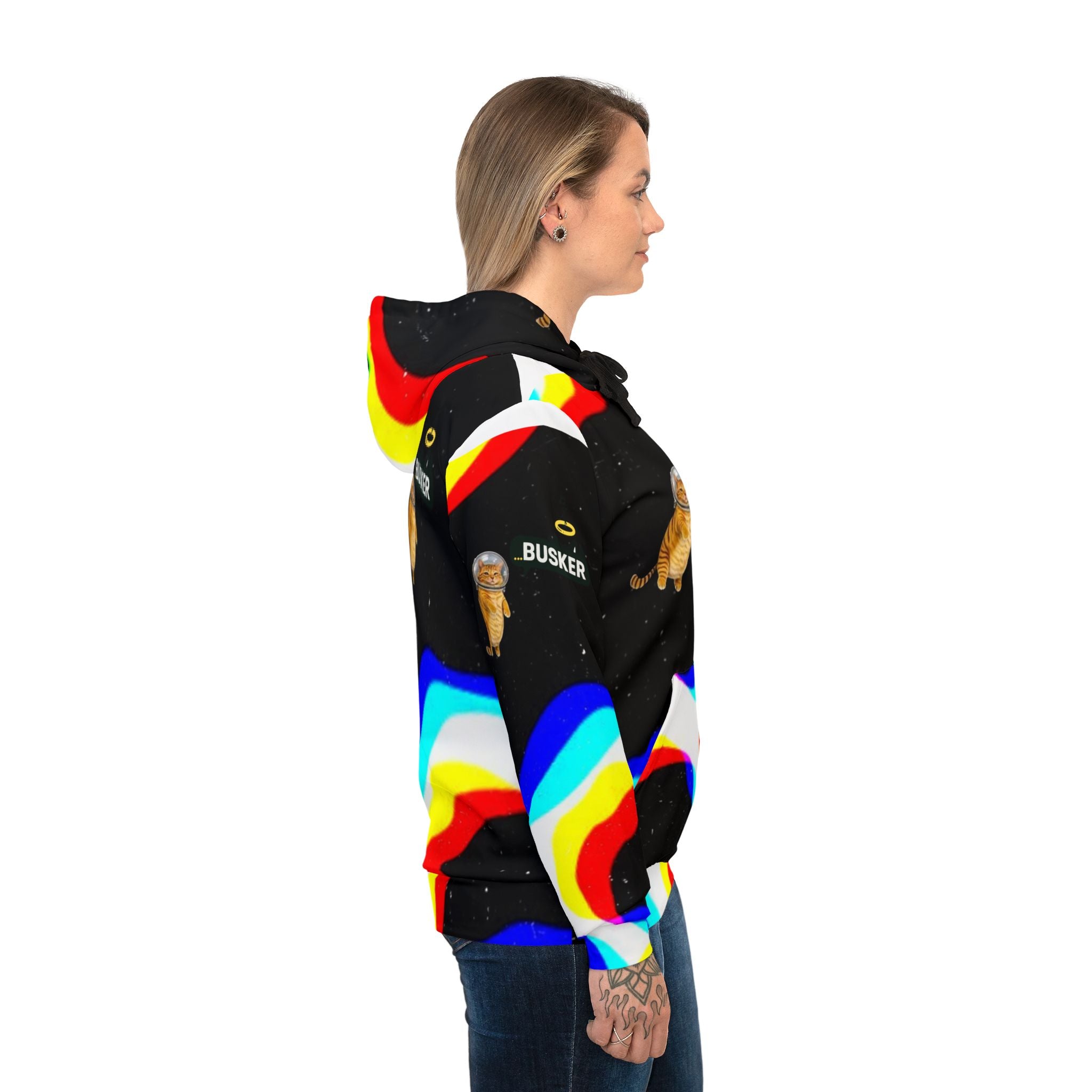 Colorful Space Cat Hoodie, Trendy Athletic Hoodie, Fun Streetwear, Unique Gift for Cat Lovers, Quirky Casual Wear