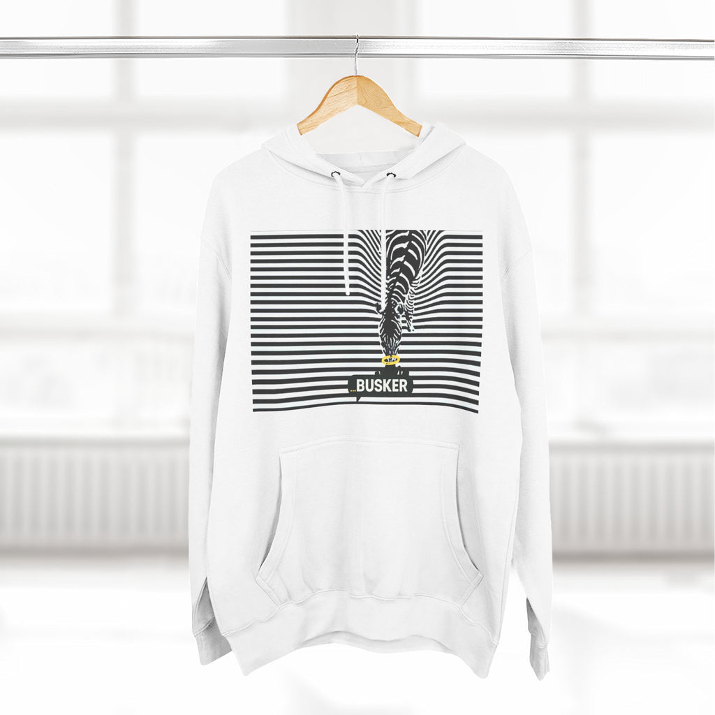 Busker Three-Panel Fleece Hoodie, Striped Design, Unisex Fashion Hoodie, Cozy Gift for Music Lovers, Street Performer Style