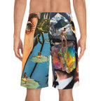 Collage Surf Board Shorts — Retro Pop Art Swim Trunks with Face & Cat Motif