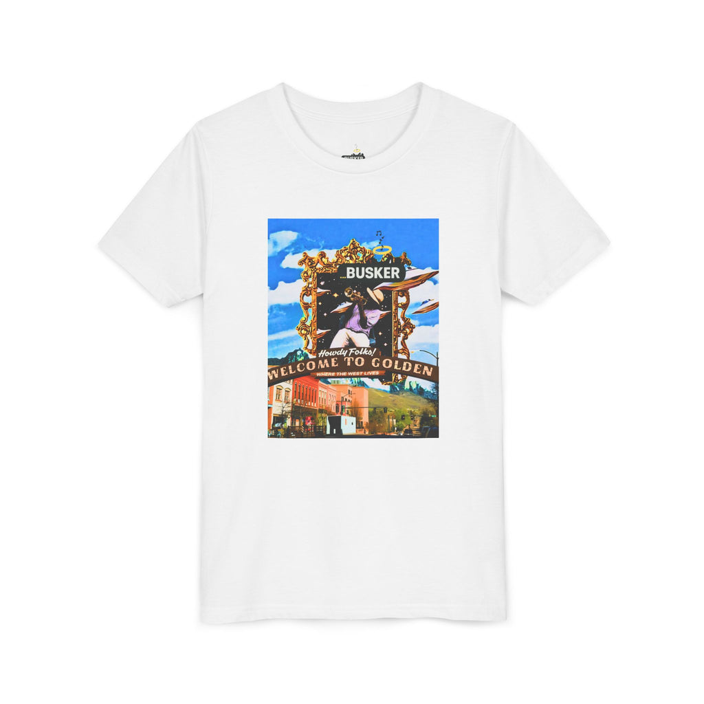 Golden Busker Youth Tee, Summer T-Shirt, Kids Casual Wear, Music Festival Swag, Gift for Young Artists