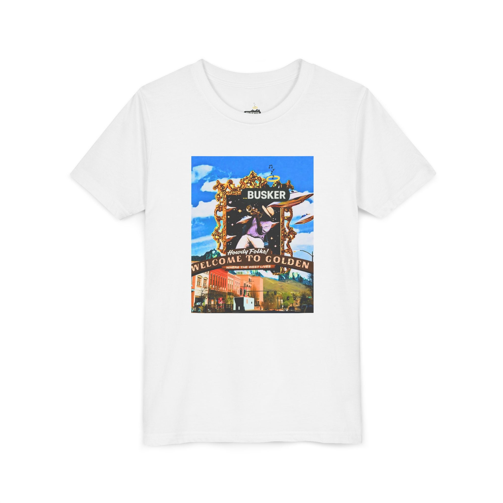 Golden Busker Youth Tee, Summer T-Shirt, Kids Casual Wear, Music Festival Swag, Gift for Young Artists