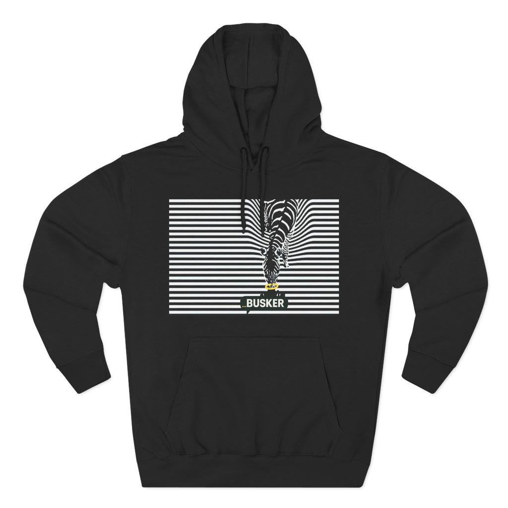 Busker Three-Panel Fleece Hoodie, Striped Design, Unisex Fashion Hoodie, Cozy Gift for Music Lovers, Street Performer Style