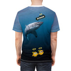 Ocean-Inspired Unisex Cut & Sew Tee, Unique Shark Design, Beachwear, Fun Gift for Ocean Lovers, Playful and Comfortable Clothing