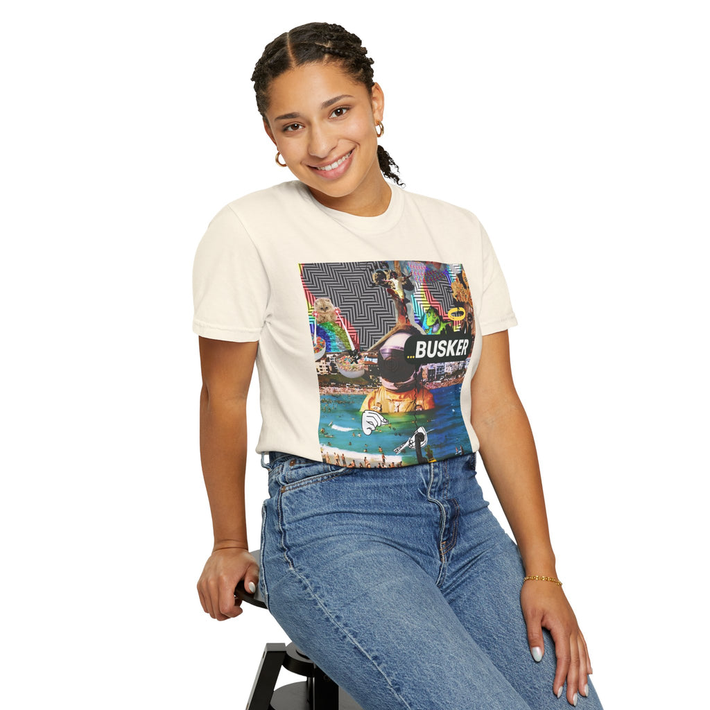 Vibrant Busker T-Shirt, Unisex Graphic Tee, Street Art Inspired Apparel, Casual Wear, Summer Festival Clothing