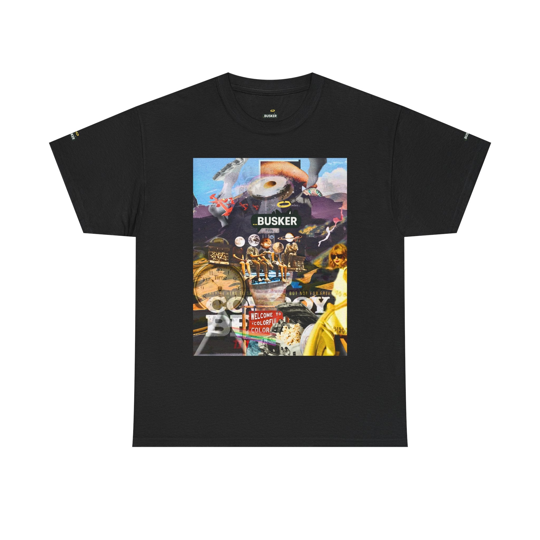 Busker Collage Graphic Tee — Vintage Music Poster Streetwear