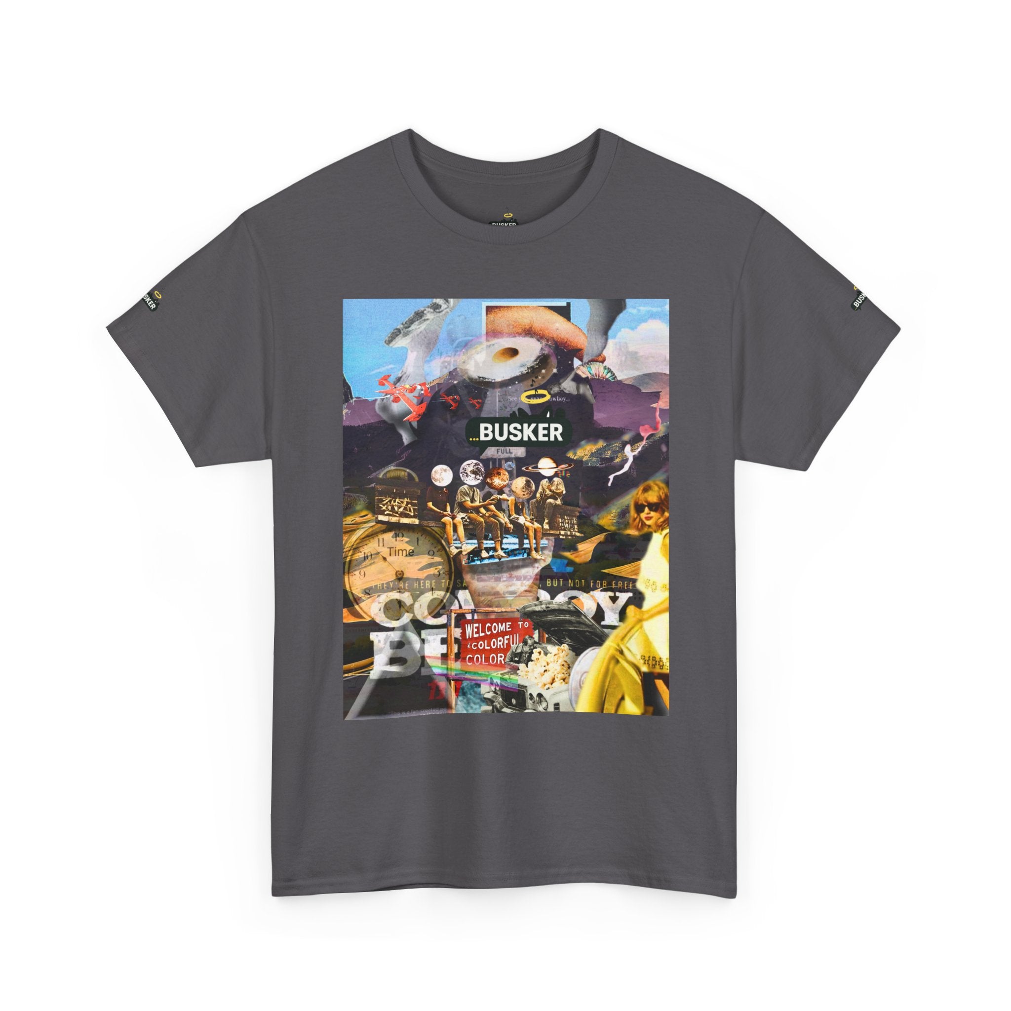 Busker Collage Graphic Tee — Vintage Music Poster Streetwear