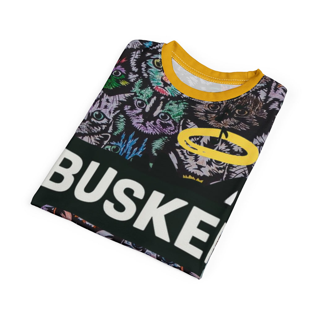 Colorful Cat-Themed Unisex Tee, Fun Graphic T-Shirt, Cat Lover Gift, Casual Wear, Unique AOP Design, Busker Inspired Apparel