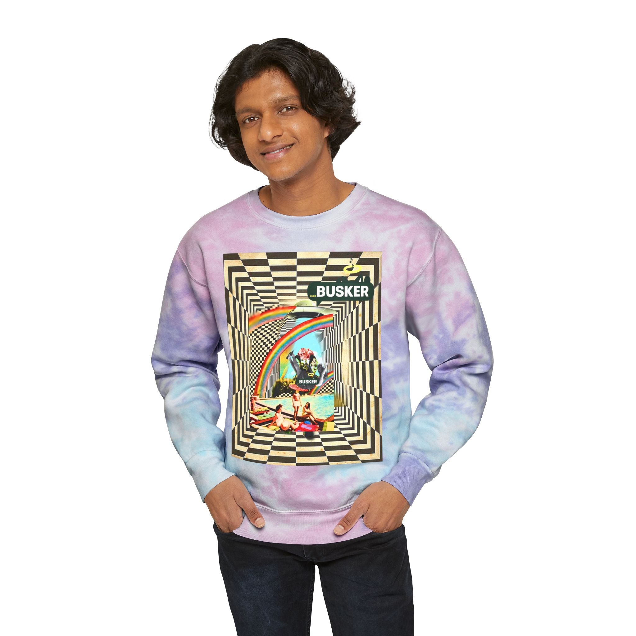 Retro Tie-Dye Sweatshirt with Rainbow Busker Design
