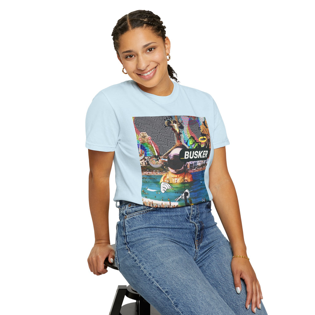 Vibrant Busker T-Shirt, Unisex Graphic Tee, Street Art Inspired Apparel, Casual Wear, Summer Festival Clothing