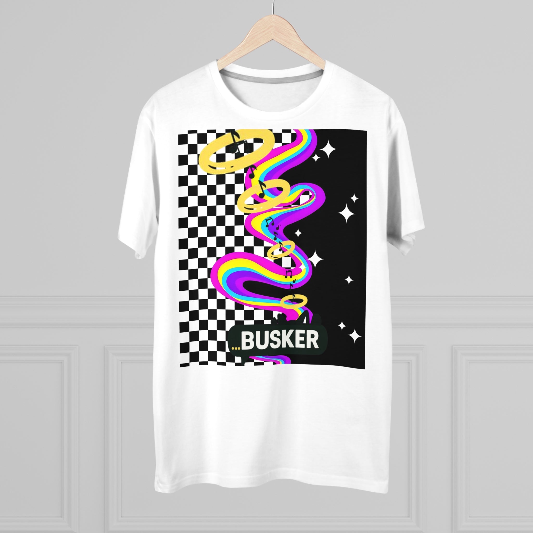 Men's Modern-fit Tee with 'BUSKER' Graphic - Trendy Casual Shirt, Festival Fashion, Music Lover Gift, Streetwear Apparel, Stylish Summer Top