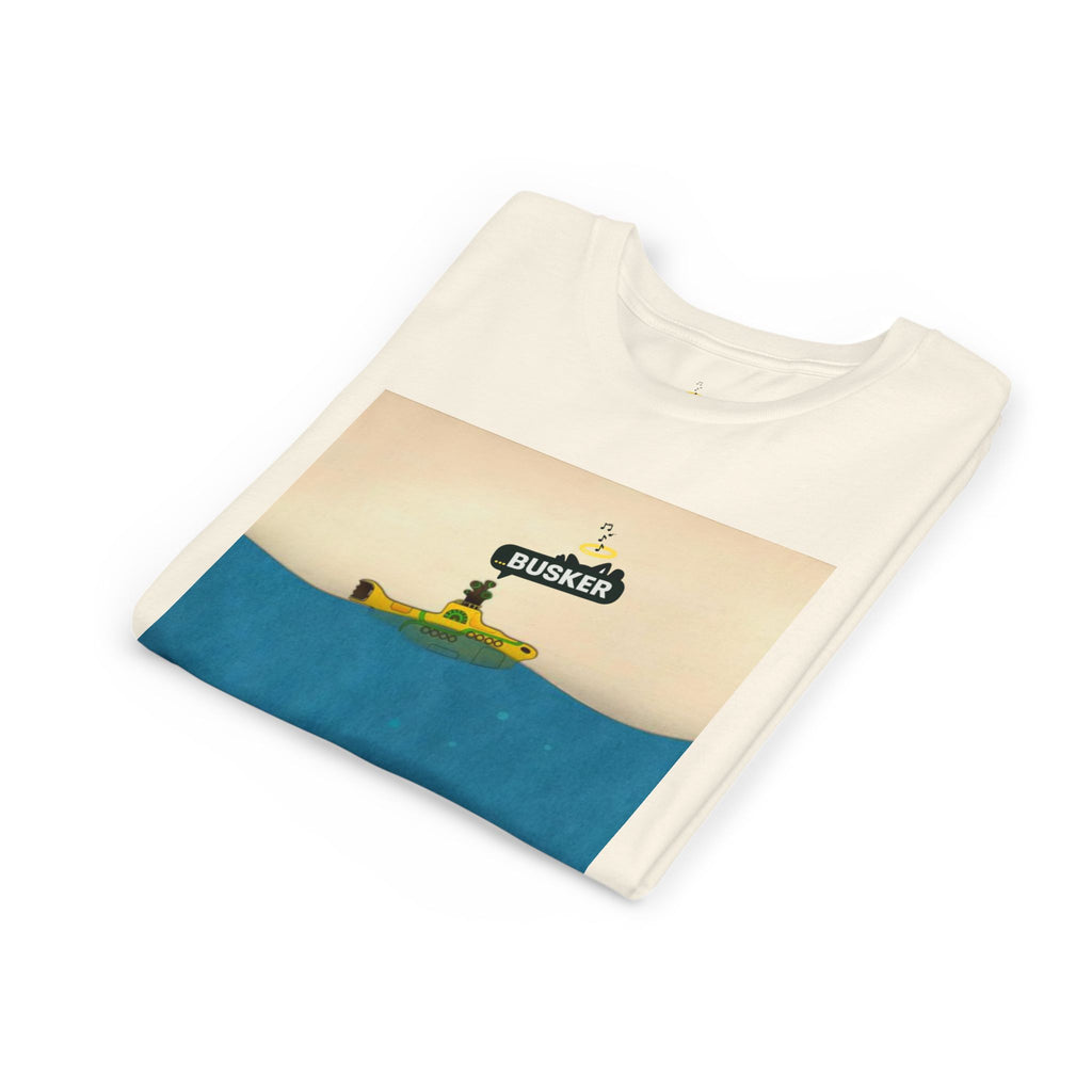 Whimsical Youth Tee with 'Busker' Design, Fun Gift, Summer Style, Music Lovers, Kid's Fashion, Creative Apparel