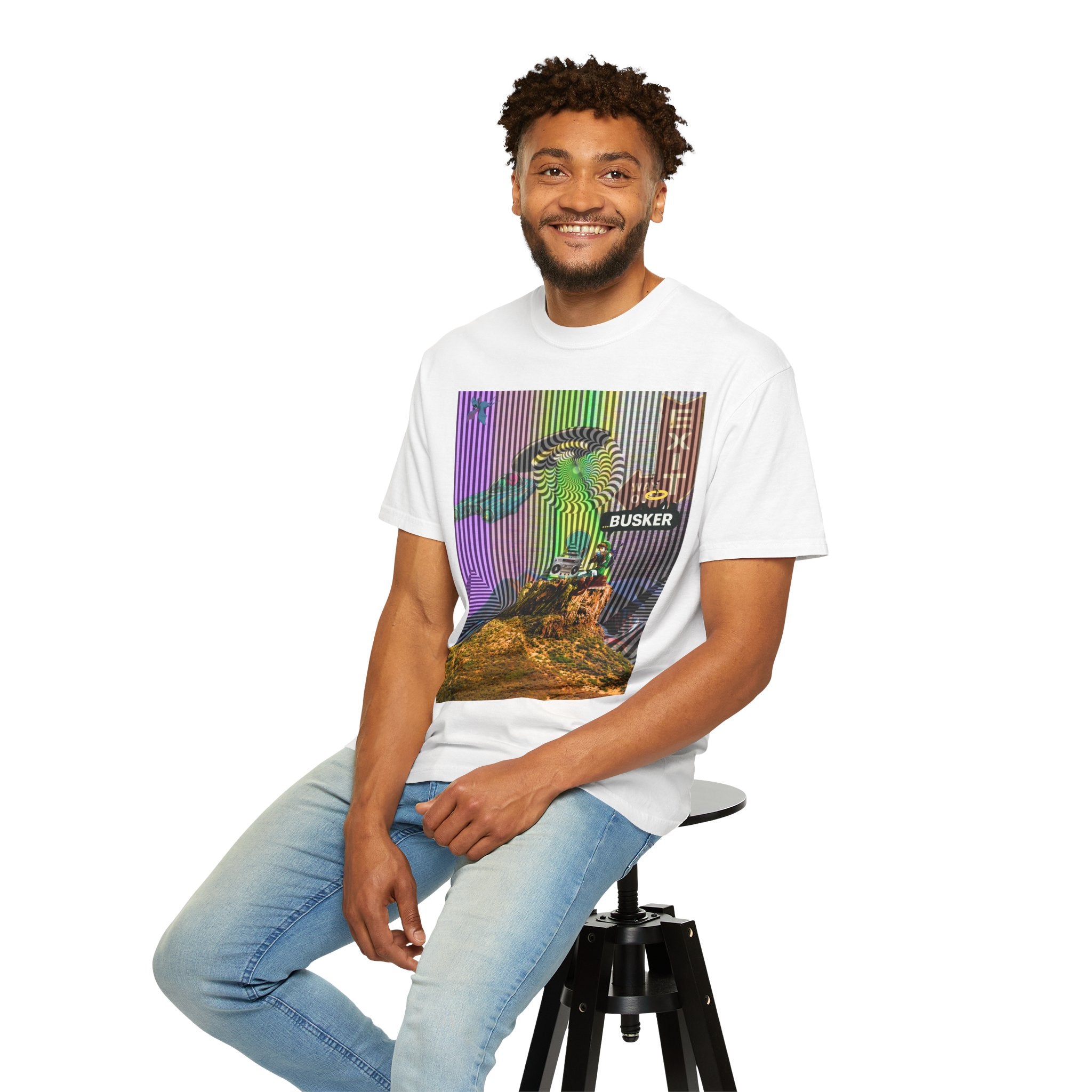 Psychedelic Busker T-Shirt, Unisex Graphic Tee, Music Lover Gift, Festival Wear, Casual Streetwear, Colorful Arttee