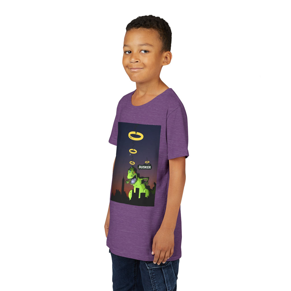 Youth Graphic Tee with Dinosaur Design, Fun Tee for Kids, Summer Style, Birthday Gift, Casual Wear, Playful Outfit, Busker Theme