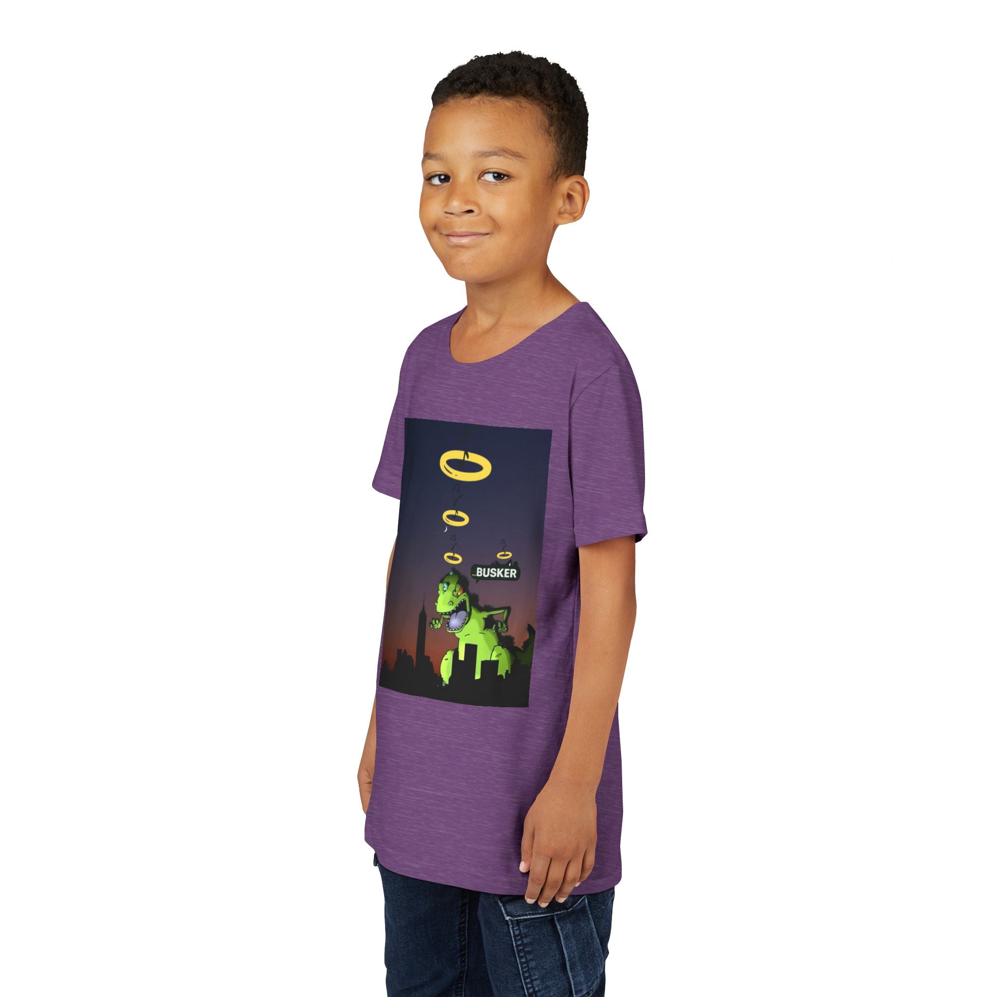 Youth Graphic Tee with Dinosaur Design, Fun Tee for Kids, Summer Style, Birthday Gift, Casual Wear, Playful Outfit, Busker Theme