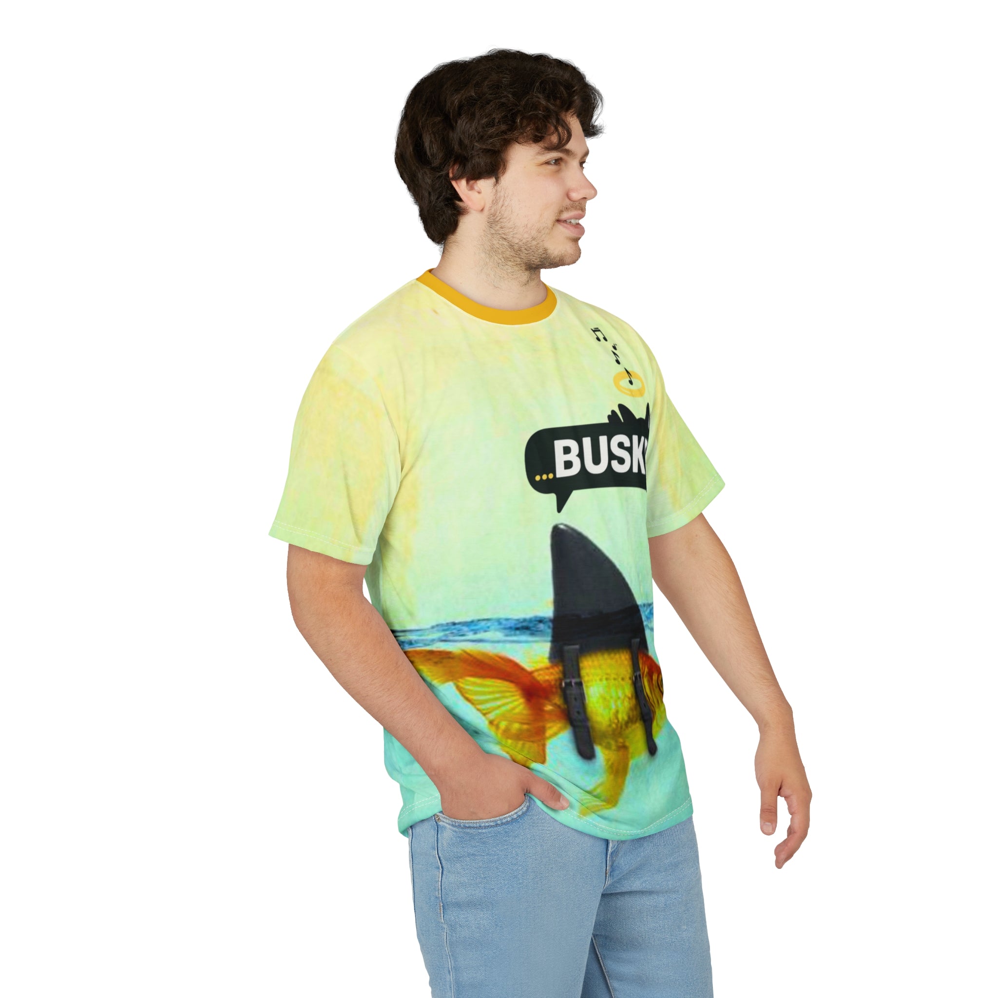 Goldfish Busker Unisex Tee, Fun Graphic T-Shirt, Music Lover Gift, Quirky Ocean Apparel, Summer Vibes Shirt, Unique Beachwear