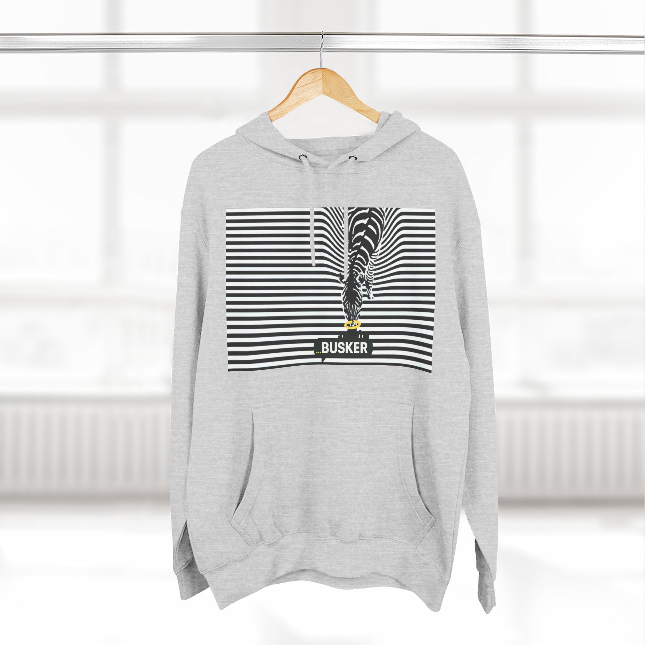 Busker Three-Panel Fleece Hoodie, Striped Design, Unisex Fashion Hoodie, Cozy Gift for Music Lovers, Street Performer Style
