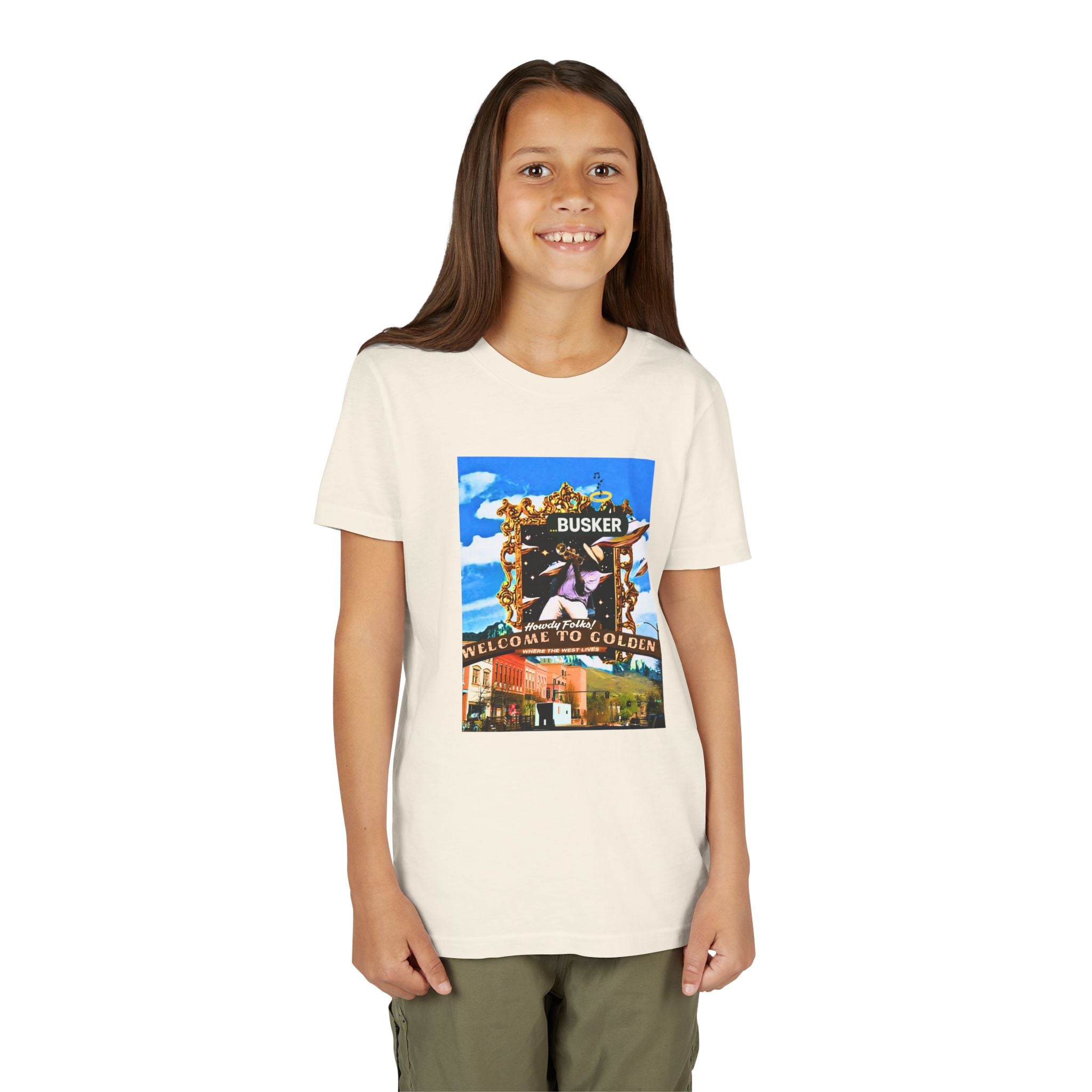 Golden Busker Youth Tee, Summer T-Shirt, Kids Casual Wear, Music Festival Swag, Gift for Young Artists