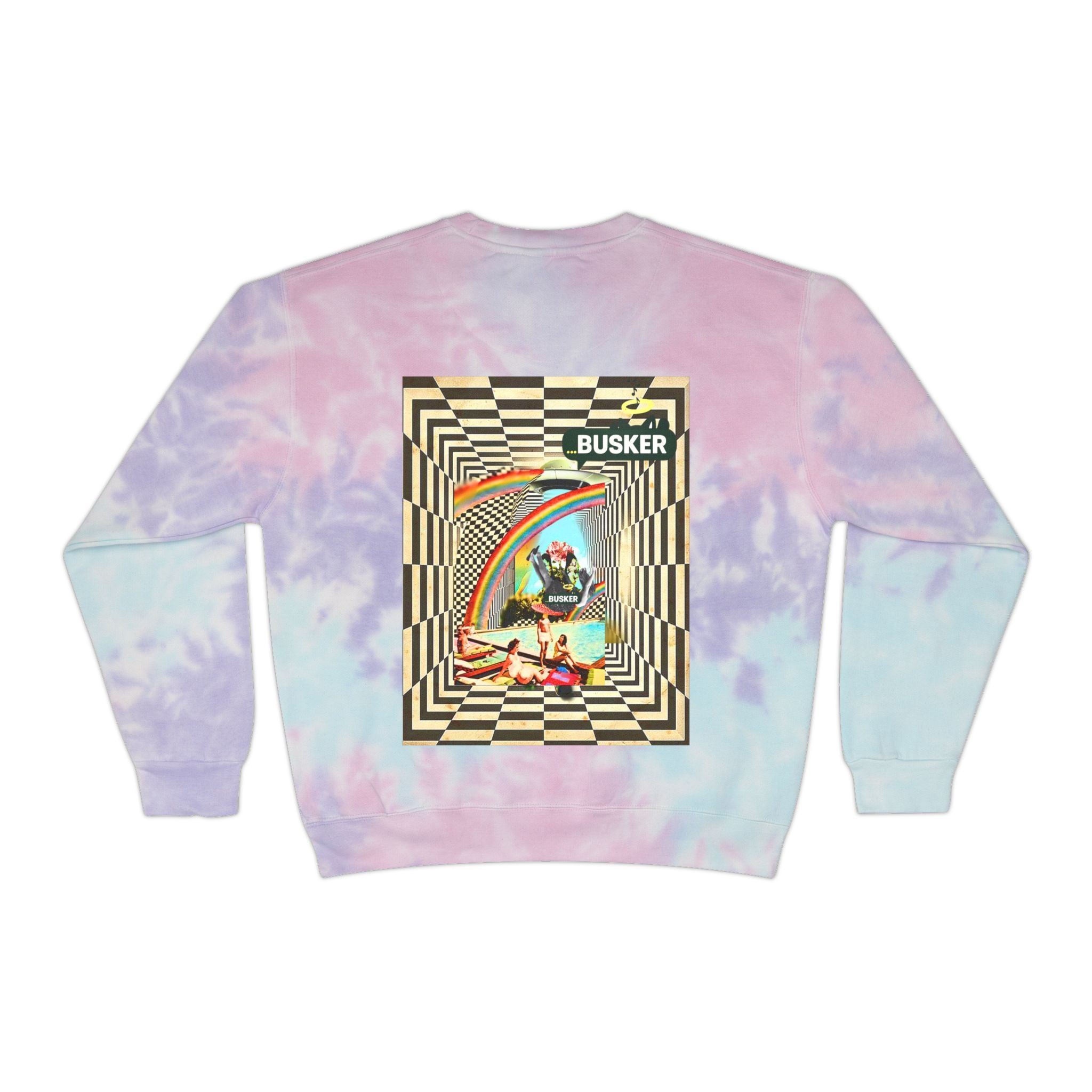 Retro Tie-Dye Sweatshirt with Rainbow Busker Design