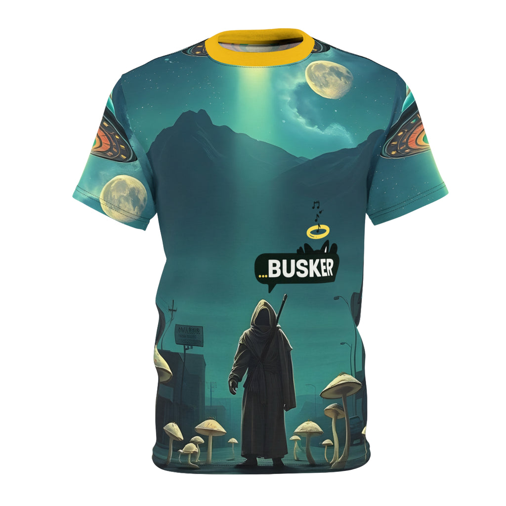 Cosmic Busker Unisex Tee, Galaxy T-Shirt, Sci-Fi Short Sleeve Shirt, Unique Graphic Top, Music Lover Gift, Street Performer Apparel