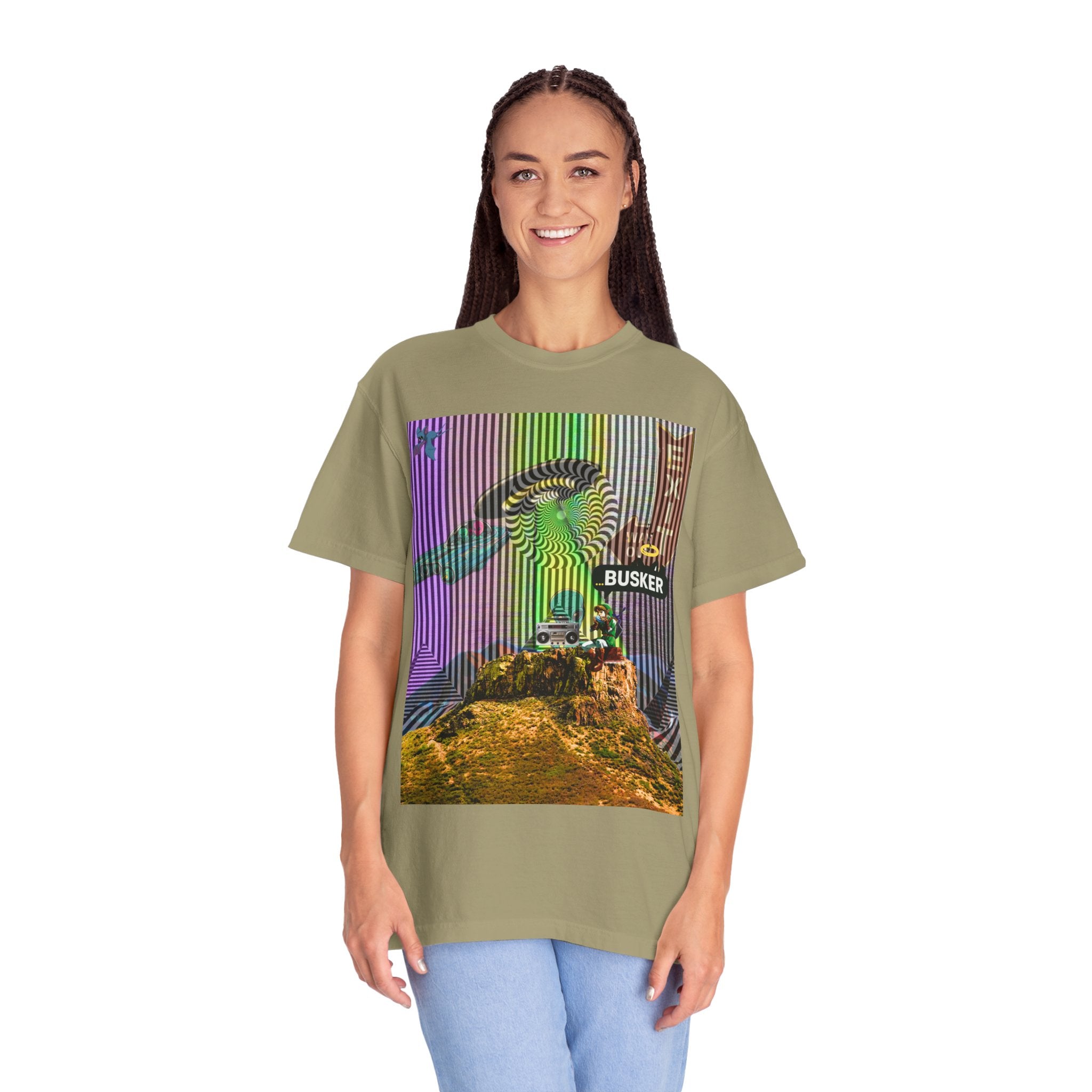 Psychedelic Busker T-Shirt, Unisex Graphic Tee, Music Lover Gift, Festival Wear, Casual Streetwear, Colorful Arttee