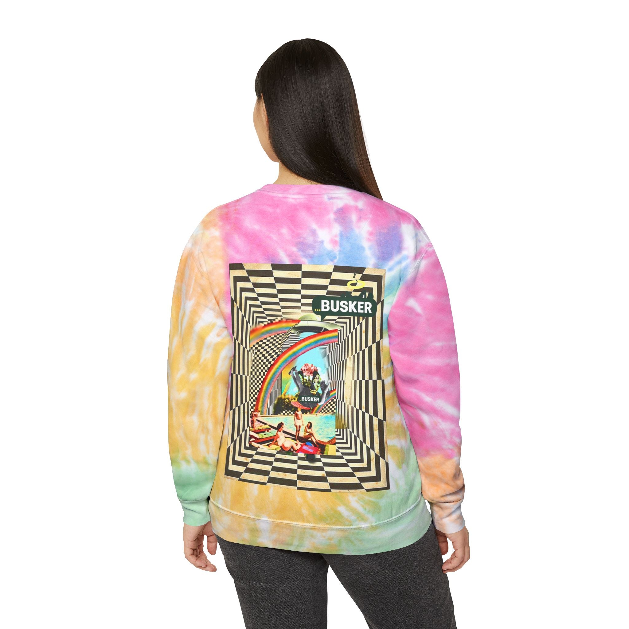 Retro Tie-Dye Sweatshirt with Rainbow Busker Design
