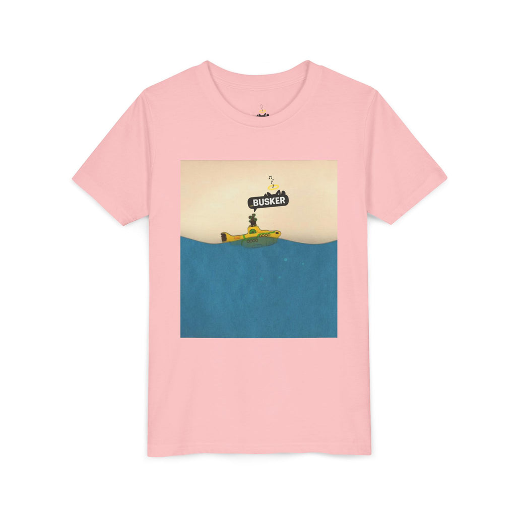 Whimsical Youth Tee with 'Busker' Design, Fun Gift, Summer Style, Music Lovers, Kid's Fashion, Creative Apparel