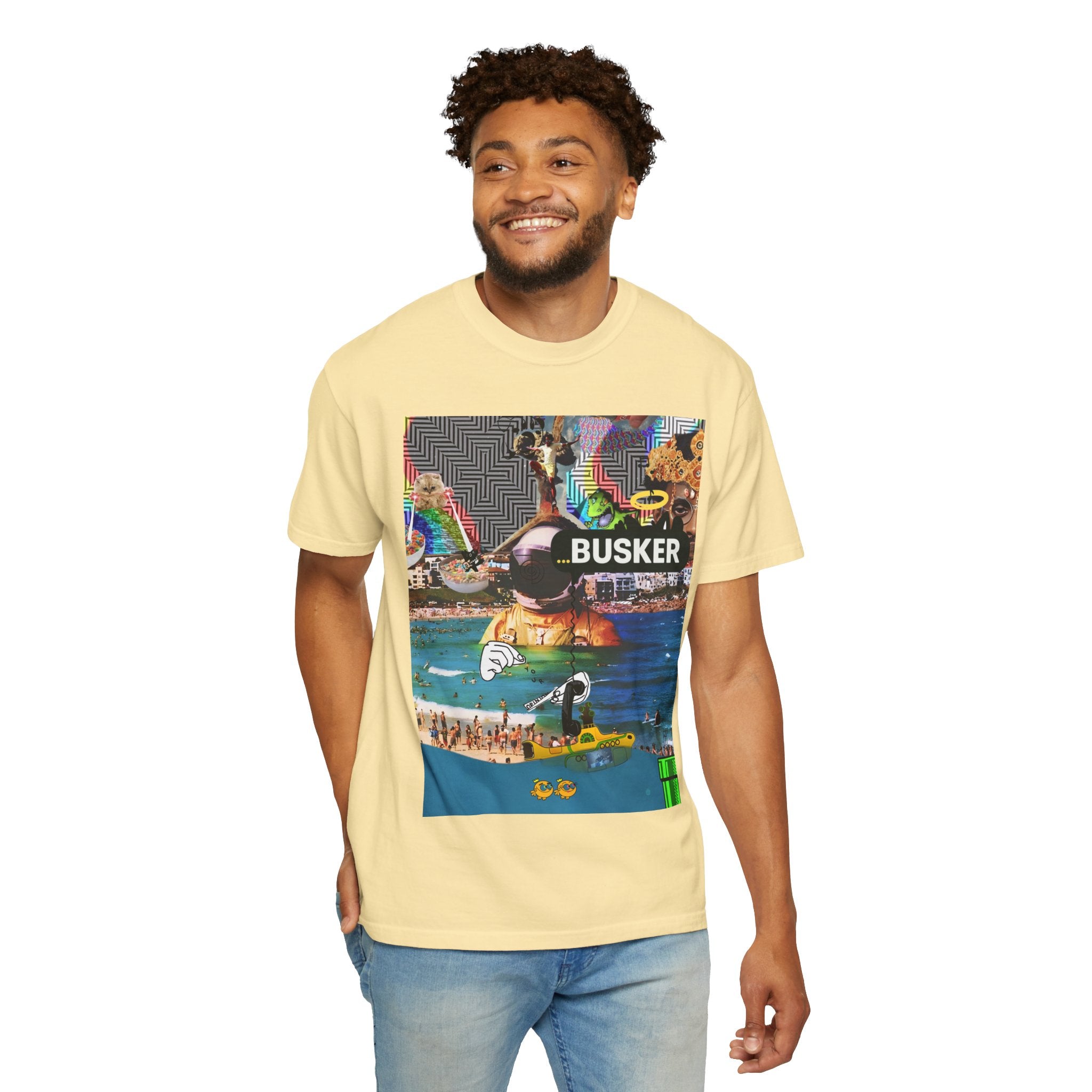 Vibrant Busker T-Shirt, Unisex Graphic Tee, Street Art Inspired Apparel, Casual Wear, Summer Festival Clothing