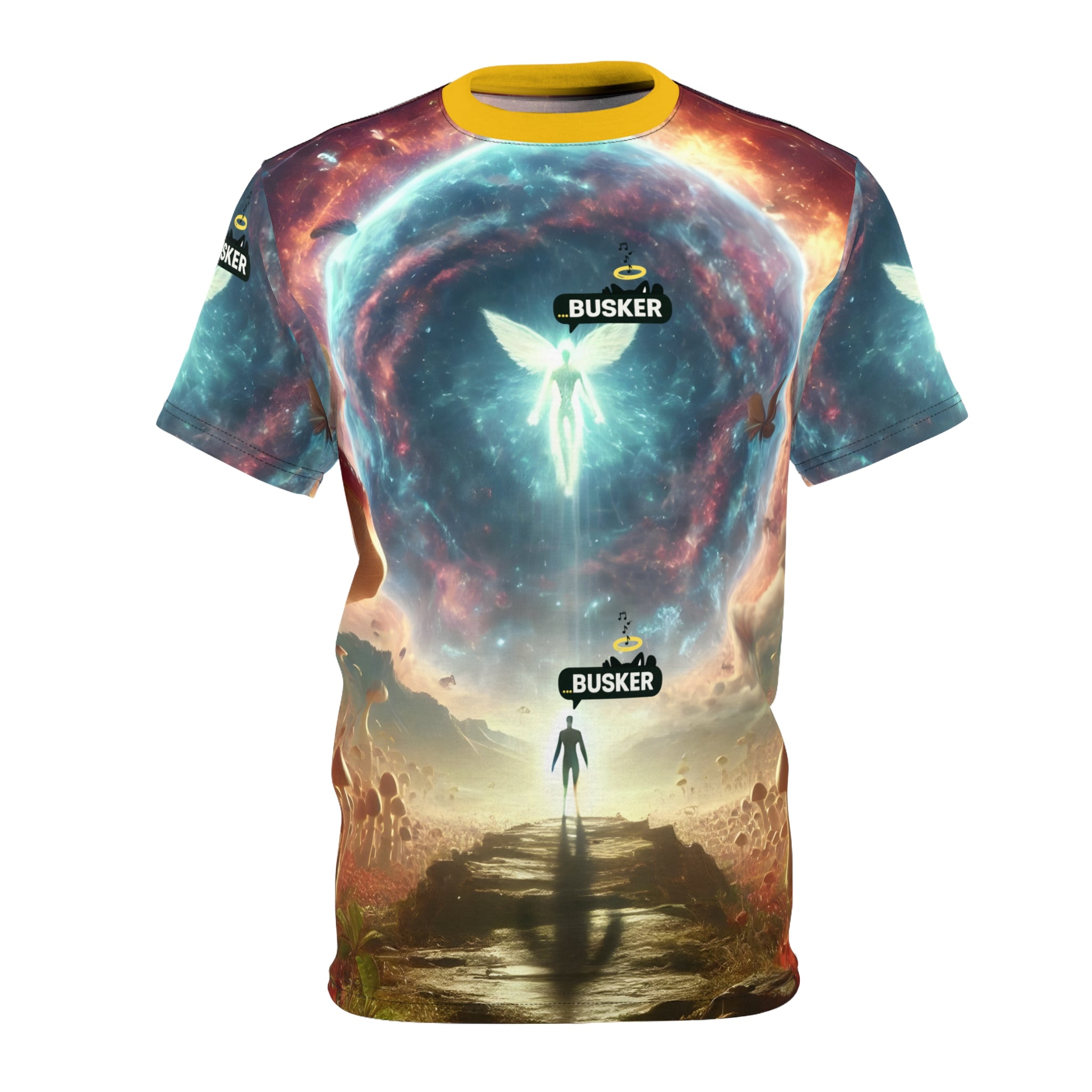 Cosmic Adventure Unisex Tee, Fantasy T-Shirt, Artistic AOP Shirt, Gift for Dreamers, Unique Casual Wear, Festival Clothing