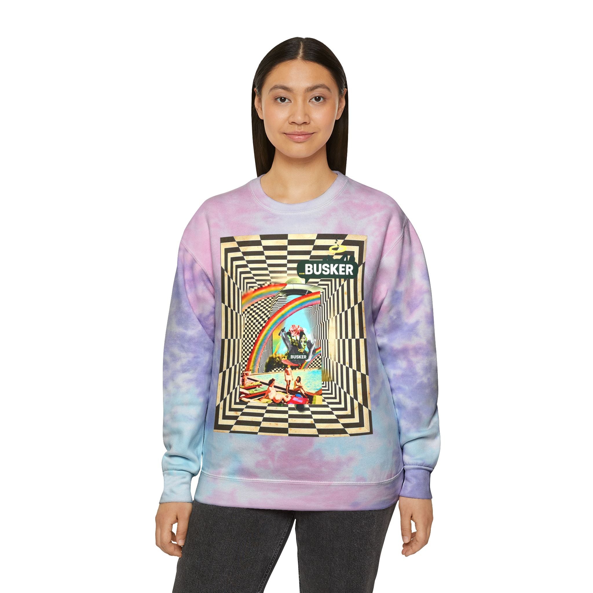 Retro Tie-Dye Sweatshirt with Rainbow Busker Design