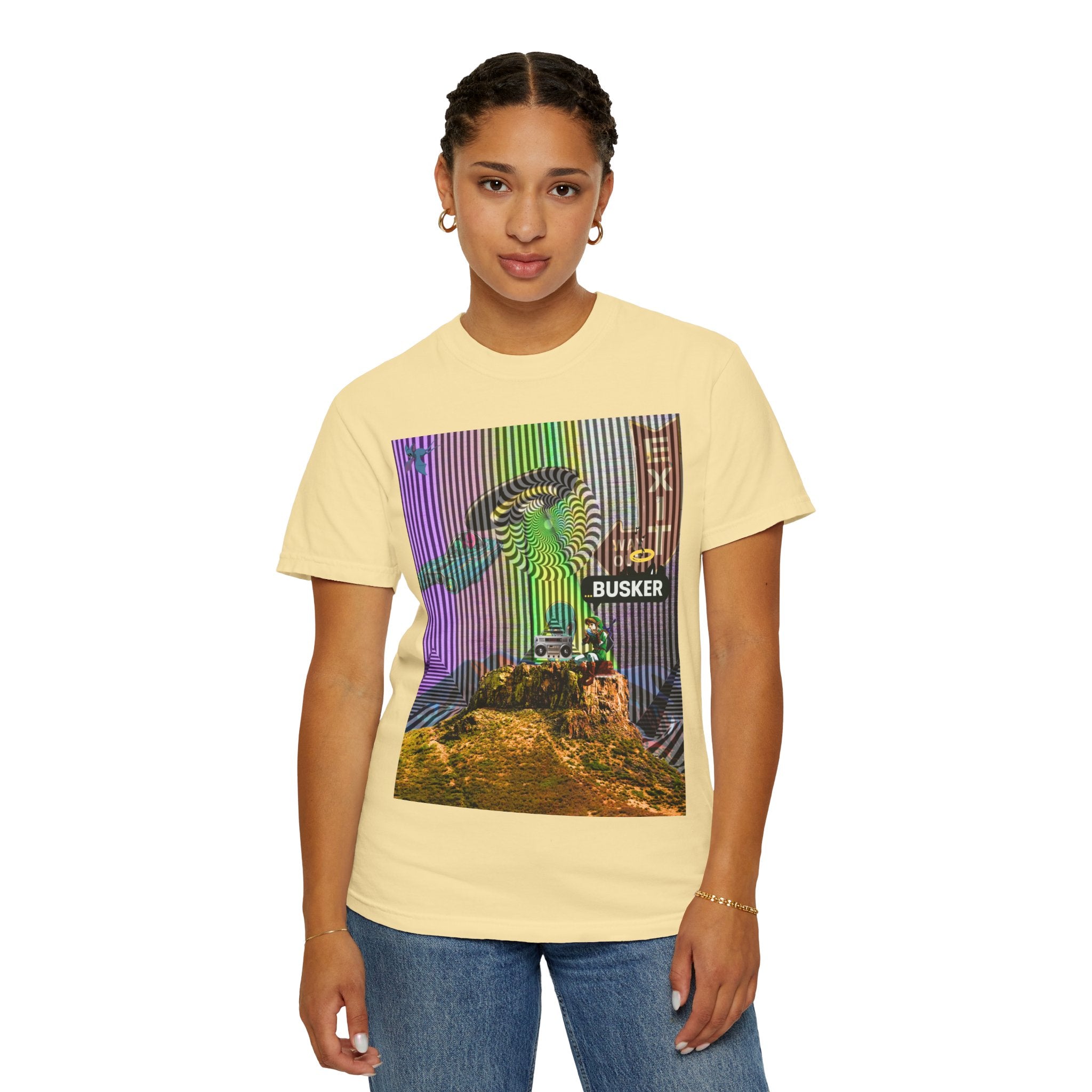 Psychedelic Busker T-Shirt, Unisex Graphic Tee, Music Lover Gift, Festival Wear, Casual Streetwear, Colorful Arttee