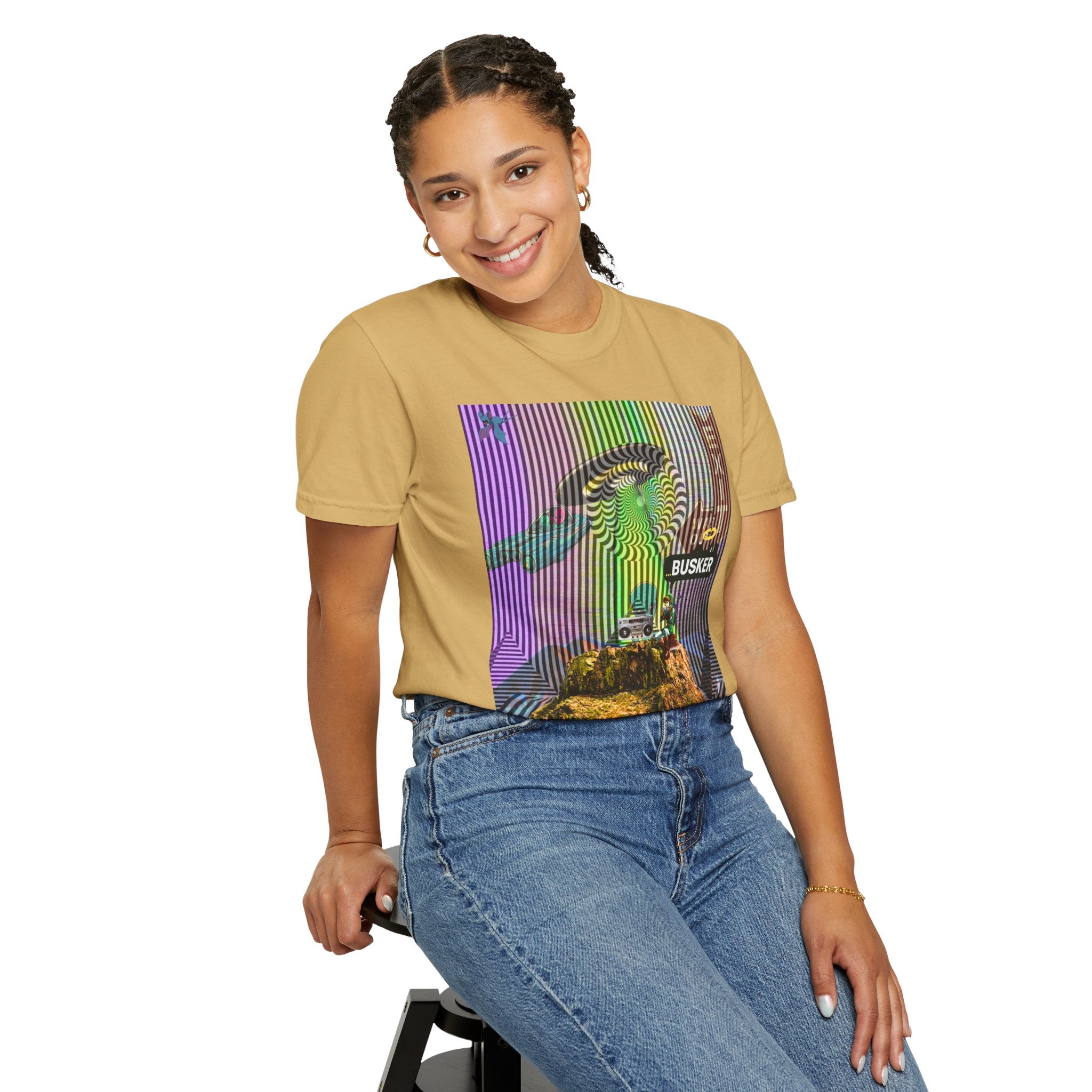 Psychedelic Busker T-Shirt, Unisex Graphic Tee, Music Lover Gift, Festival Wear, Casual Streetwear, Colorful Arttee