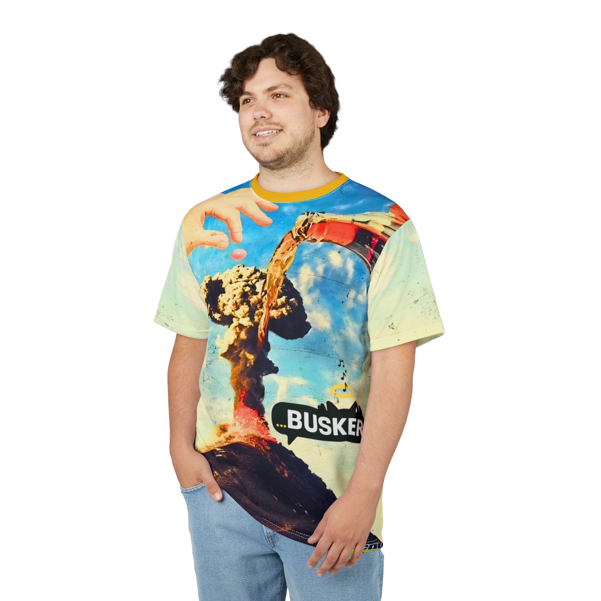 Unique Graphic Tee, Fun AOP T-Shirt, Youthful Streetwear, Urban Casual Wear, Perfect for Festivals, Summer Vibe Shirt