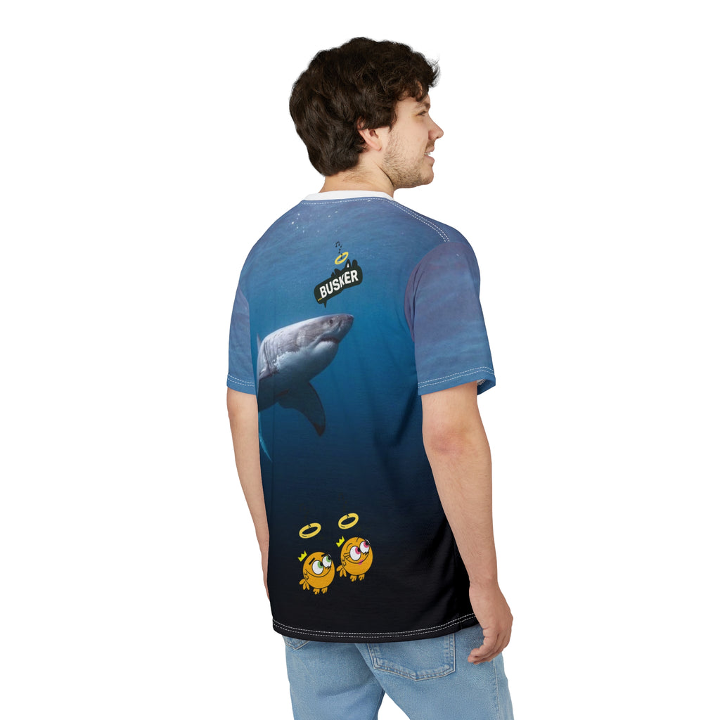Ocean-Inspired Unisex Cut & Sew Tee, Unique Shark Design, Beachwear, Fun Gift for Ocean Lovers, Playful and Comfortable Clothing