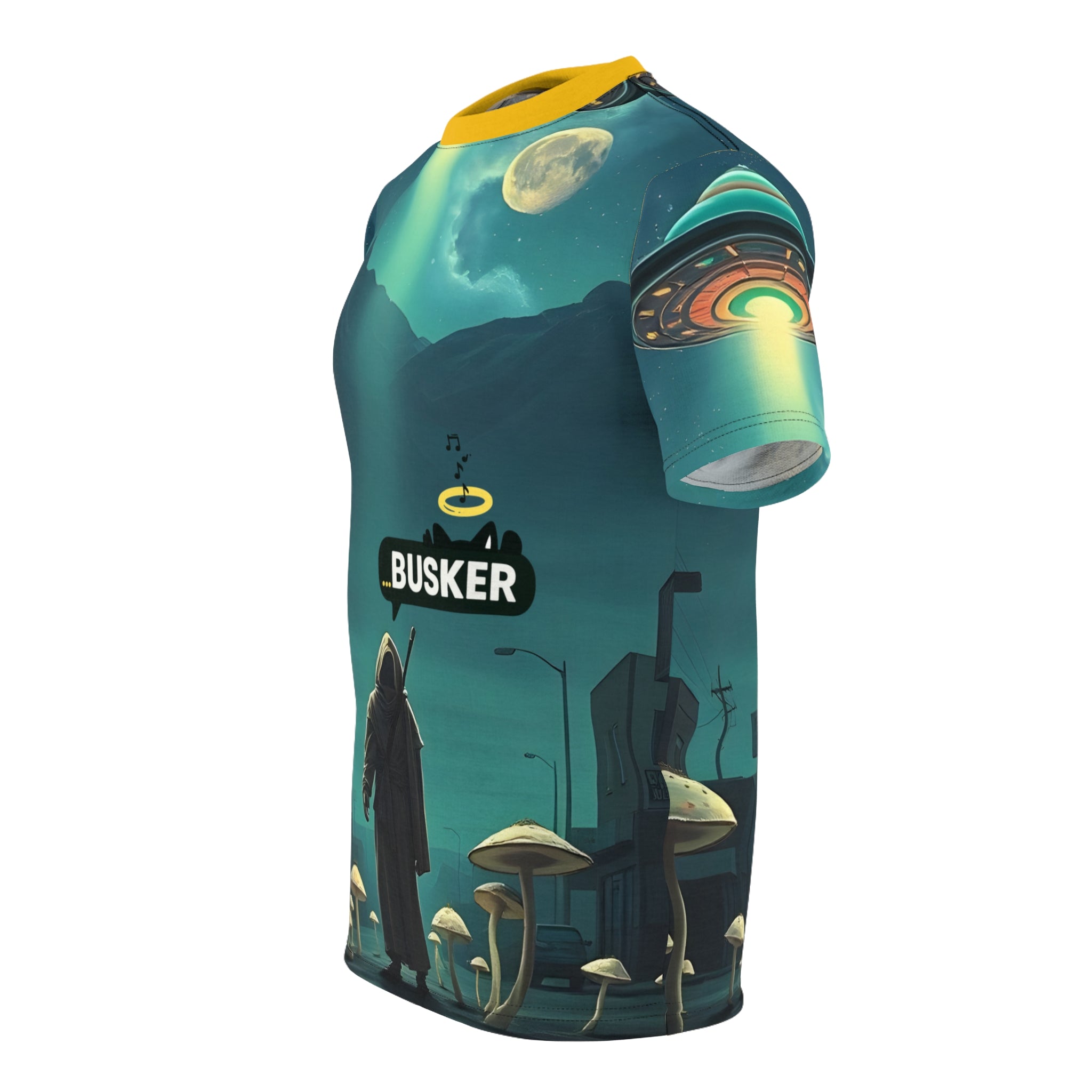 Cosmic Busker Unisex Tee, Galaxy T-Shirt, Sci-Fi Short Sleeve Shirt, Unique Graphic Top, Music Lover Gift, Street Performer Apparel