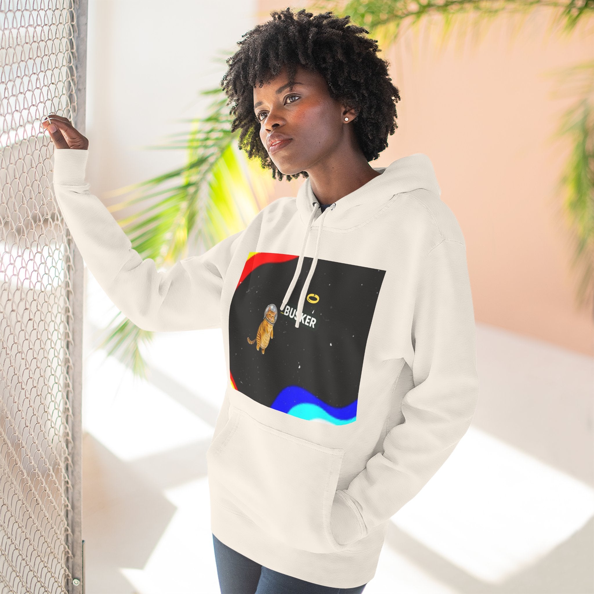 Colorful Space Cat Fleece Hoodie, Cozy, Unique, Gift for Cat Lovers, Birthday, Casual Wear, Fun Design