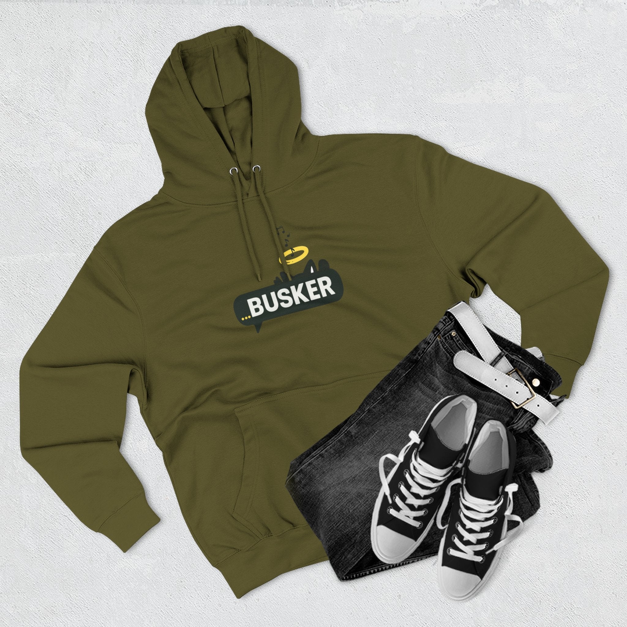 Busker Fleece Hoodie - Cozy Street Art Inspired Hoodie for Music Lovers, Casual Wear, Gift for Musicians, Concert Attire, Relaxed Fit