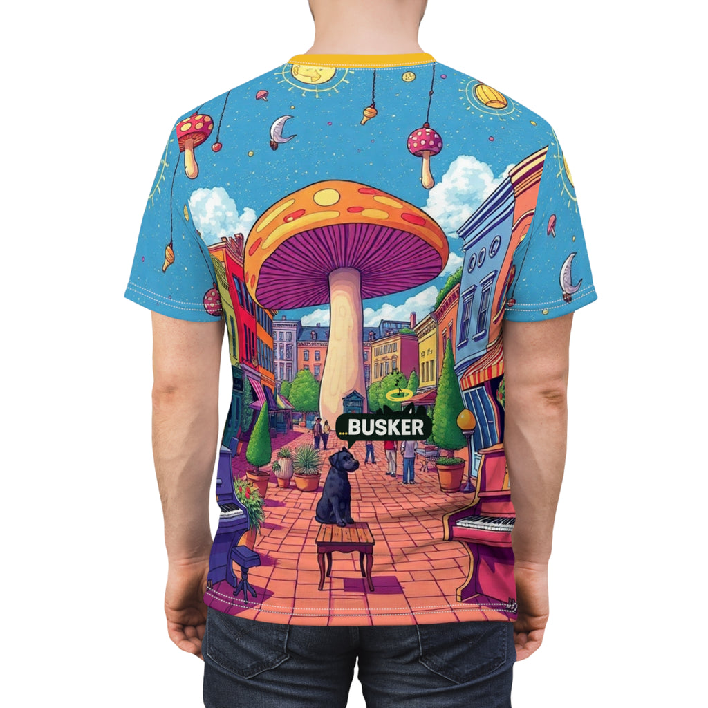 Colorful Mushroom Art Unisex Tee, Funky Graphic Tee, Gift for Music Lovers, Street Art Apparel, Summer Festival Shirt, Unique AOP T-Shirt