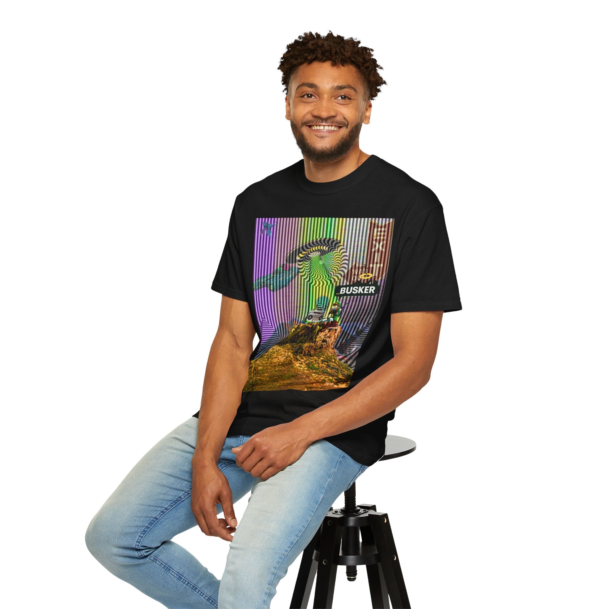 Psychedelic Busker T-Shirt, Unisex Graphic Tee, Music Lover Gift, Festival Wear, Casual Streetwear, Colorful Arttee