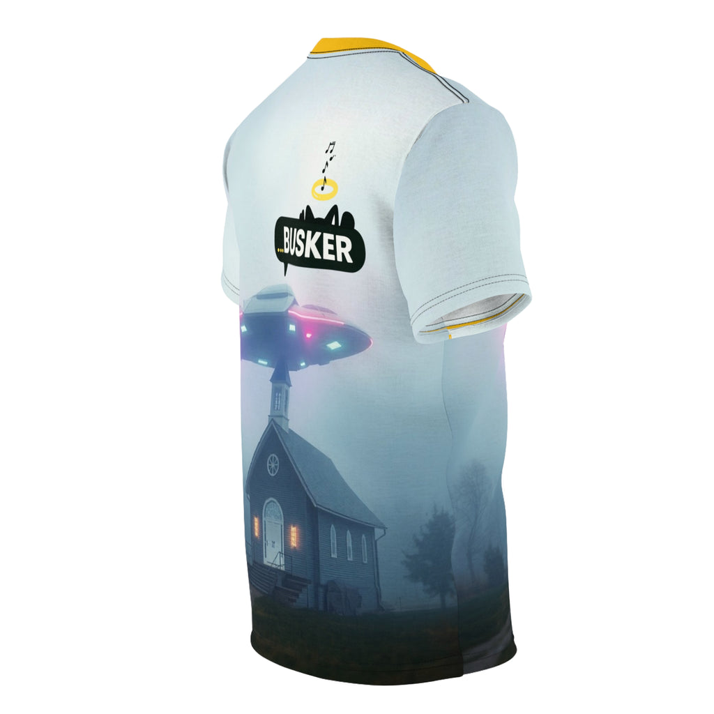 Cool Graphic Tee for Music Lovers | UFO Busker Design, Unique T-Shirt, Music Festival Wear, Quirky Gift, Unisex Casual Wear