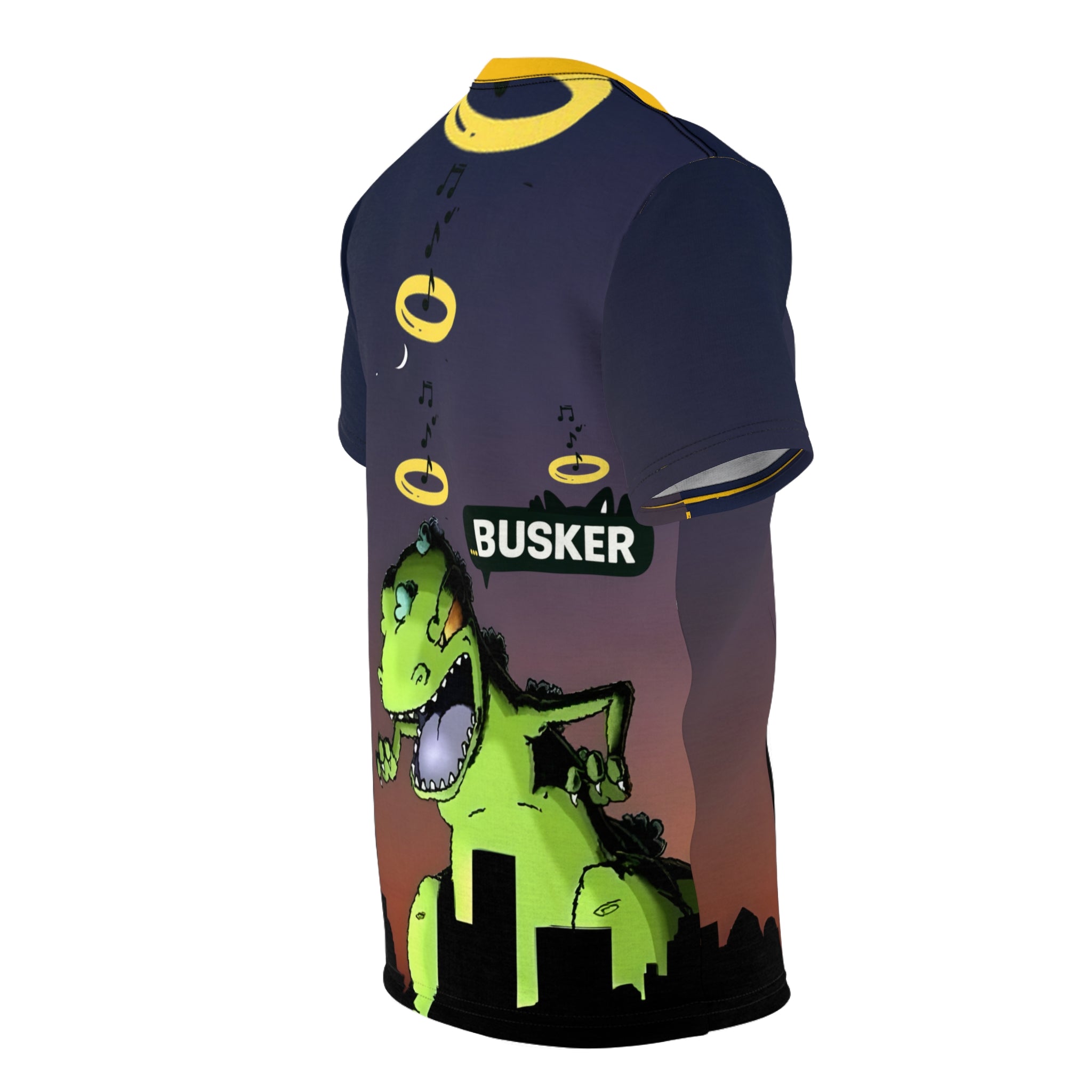 Rooftop Dino Busker Tee | Fun Graphic Shirt for Music Lovers, Festivals, Retro Style, Unisex T-Shirt, Unique Gift Idea