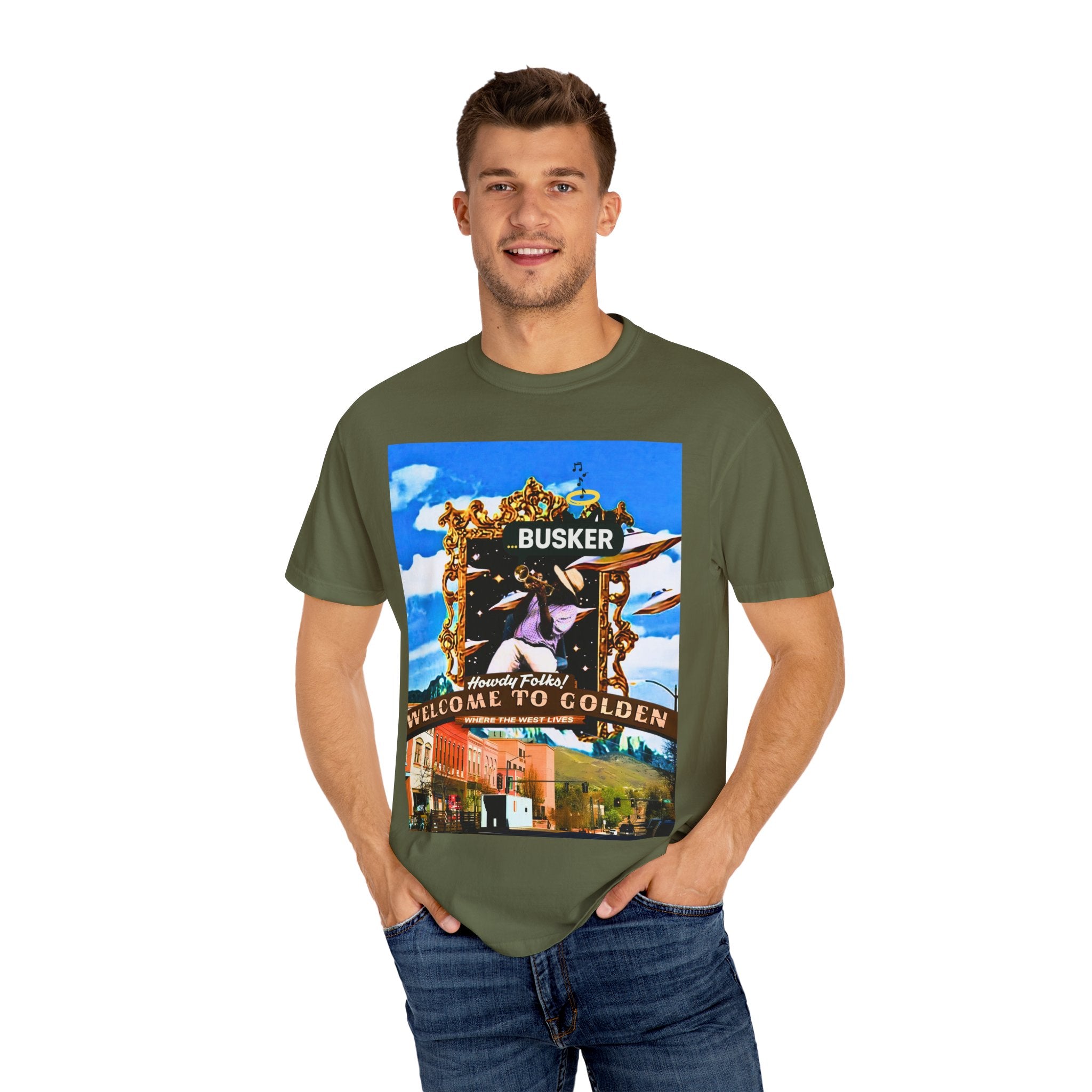 "Welcome to Golden" Exclusive Busker Unisex Garment-Dyed T-shirt, Music Lover Gift, Vintage Style Tee, Festival Wear, Casual Outfit